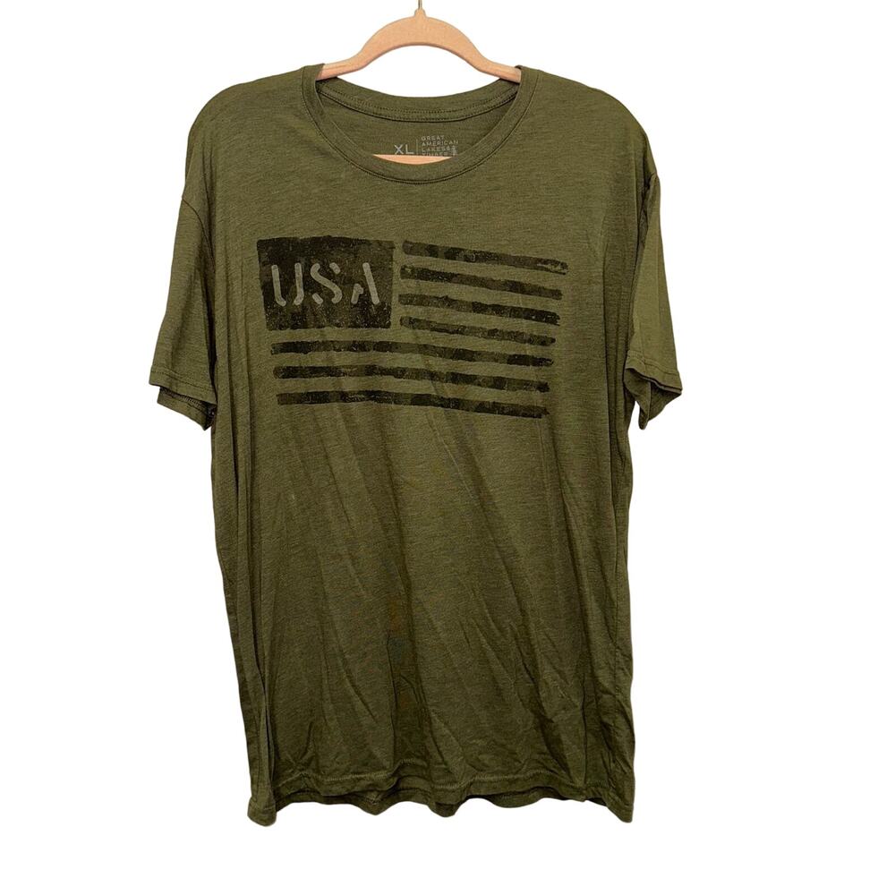Great American Lakes & Timber USA Flag T-Shirt XL Olive Green Graphic Tee